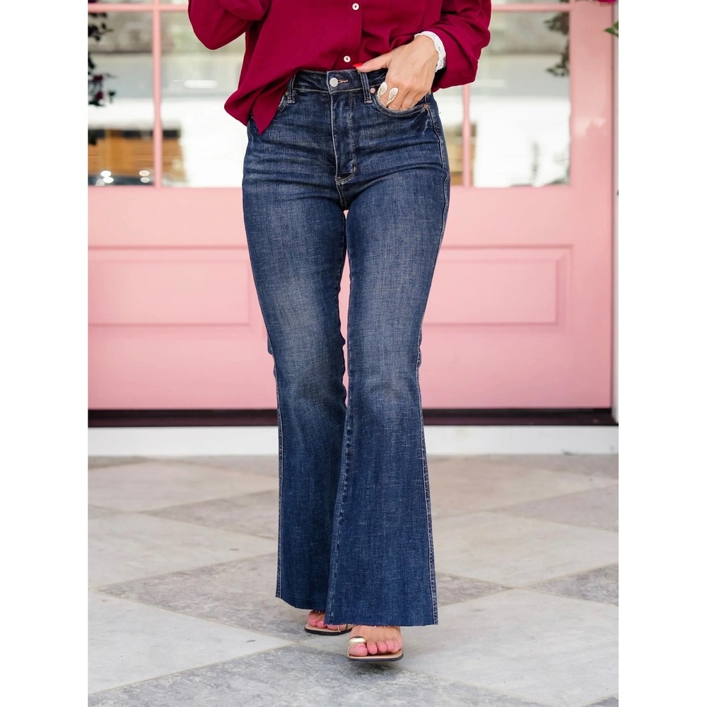 Judy Blue Flare Jeans Dark Wash Stretch Raw Hem Plus Size 14W